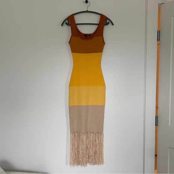 Lulus Delfi Yellow Color Block Fringe Sweater knit Midi Dress boho resortwear - Picture 4 of 9